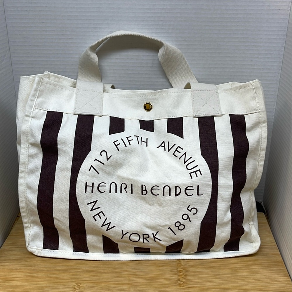 Henri Bendel Iconic Cream and Brown Stripe Canvas Tote NWOT